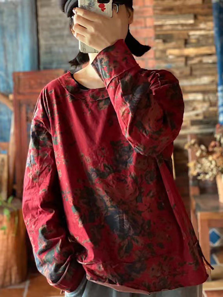 大尺碼女款棉質花卉復古長袖寬鬆 T 卹