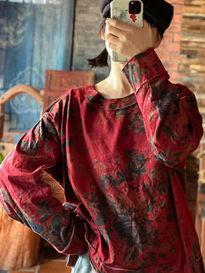 大尺碼女款棉質花卉復古長袖寬鬆 T 卹