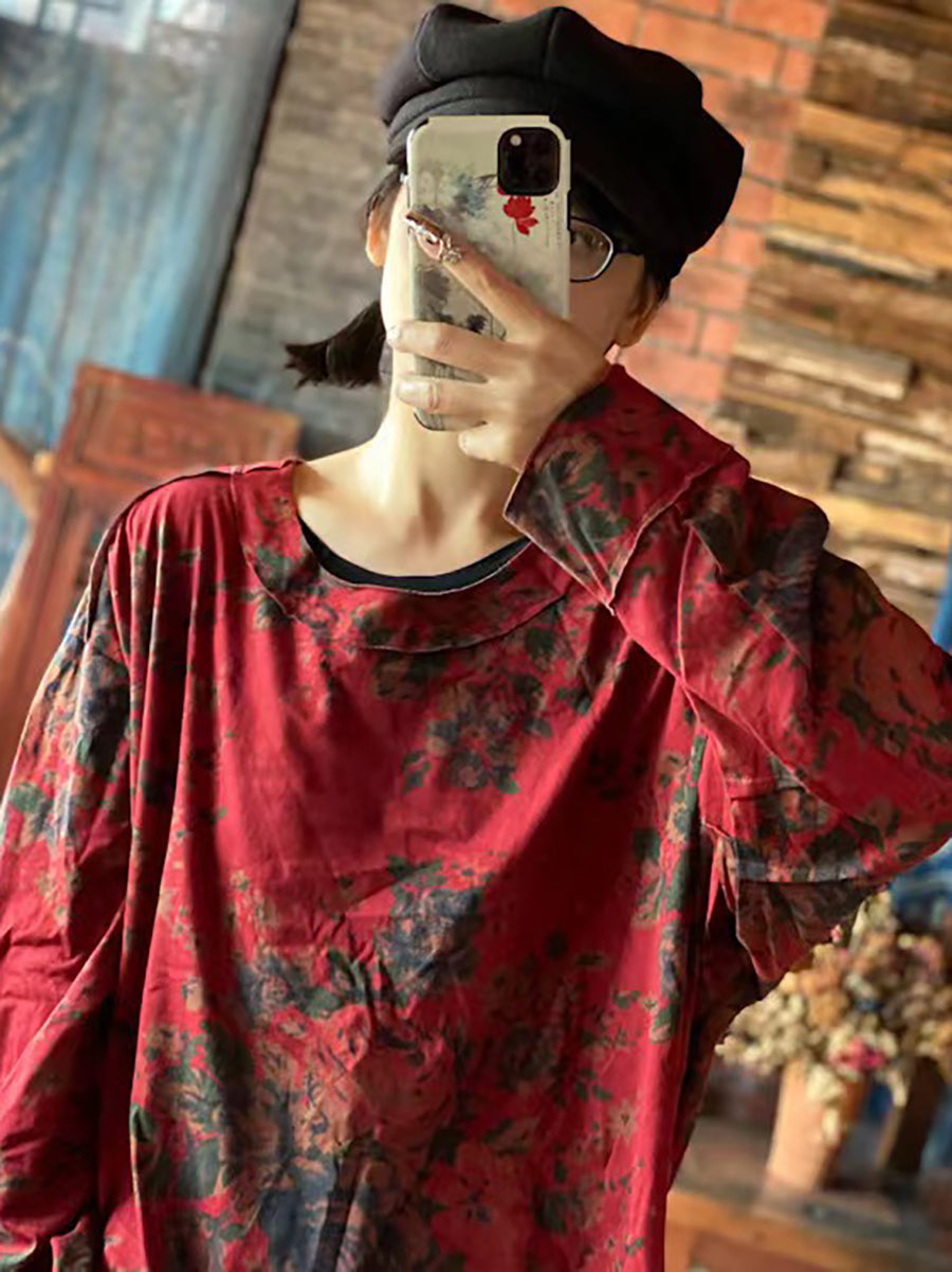 大尺碼女款棉質花卉復古長袖寬鬆 T 卹
