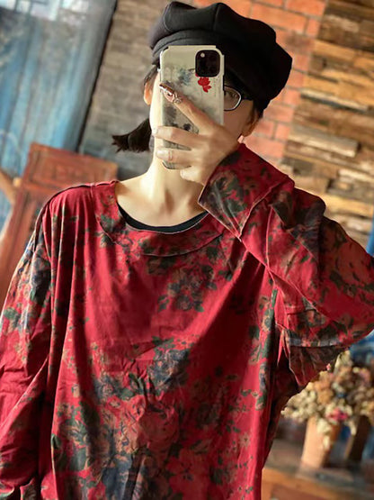 大尺碼女款棉質花卉復古長袖寬鬆 T 卹