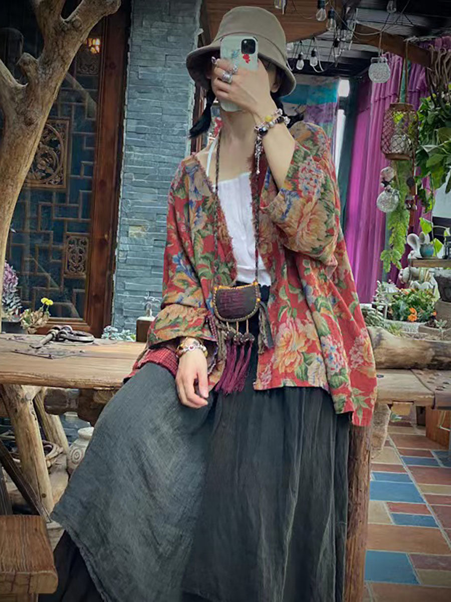 大尺碼花卉秋季女式寬鬆復古襯衫