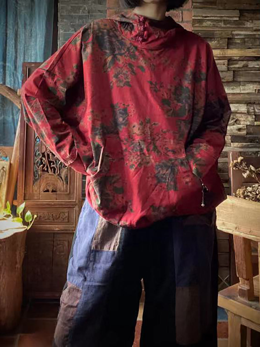 大尺碼女款復古印花棉質連帽 T 卹