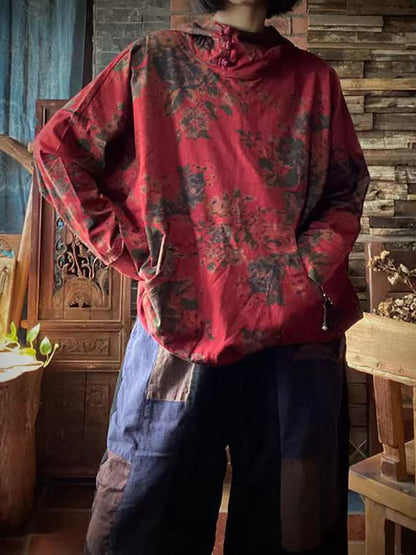 大尺碼女款復古印花棉質連帽 T 卹