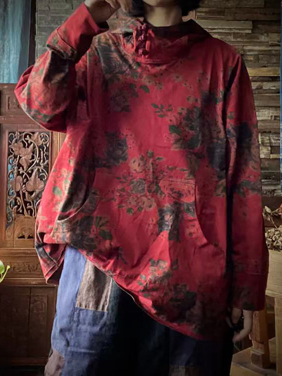 大尺碼女款復古印花棉質連帽 T 卹