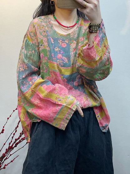 大尺碼女款春季復古碎花寬鬆薄襯衫