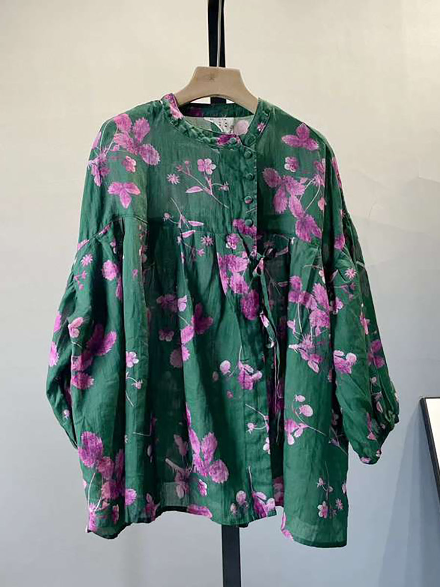 大尺碼夏季復古花朵羈扣抽繩苧麻襯衫