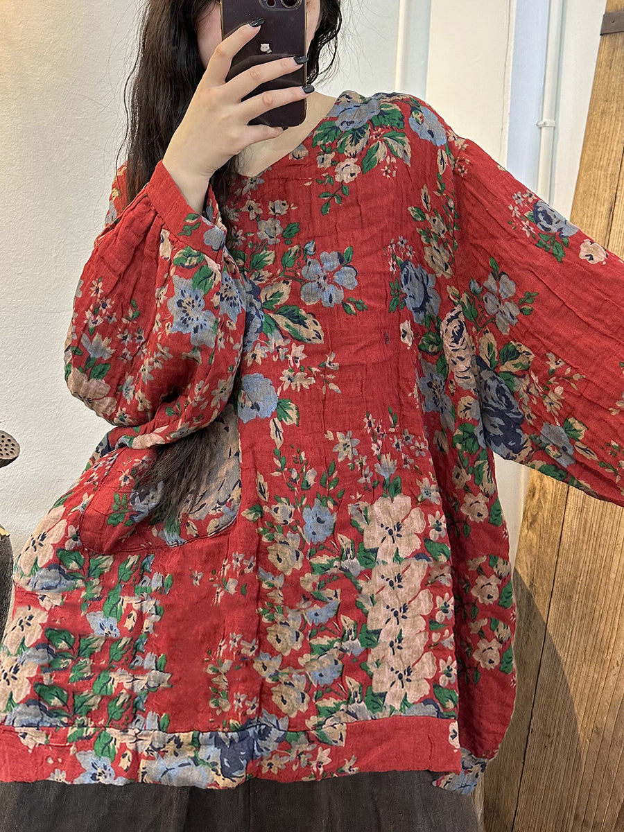大尺碼女式復古印花 V 領長袖襯衫