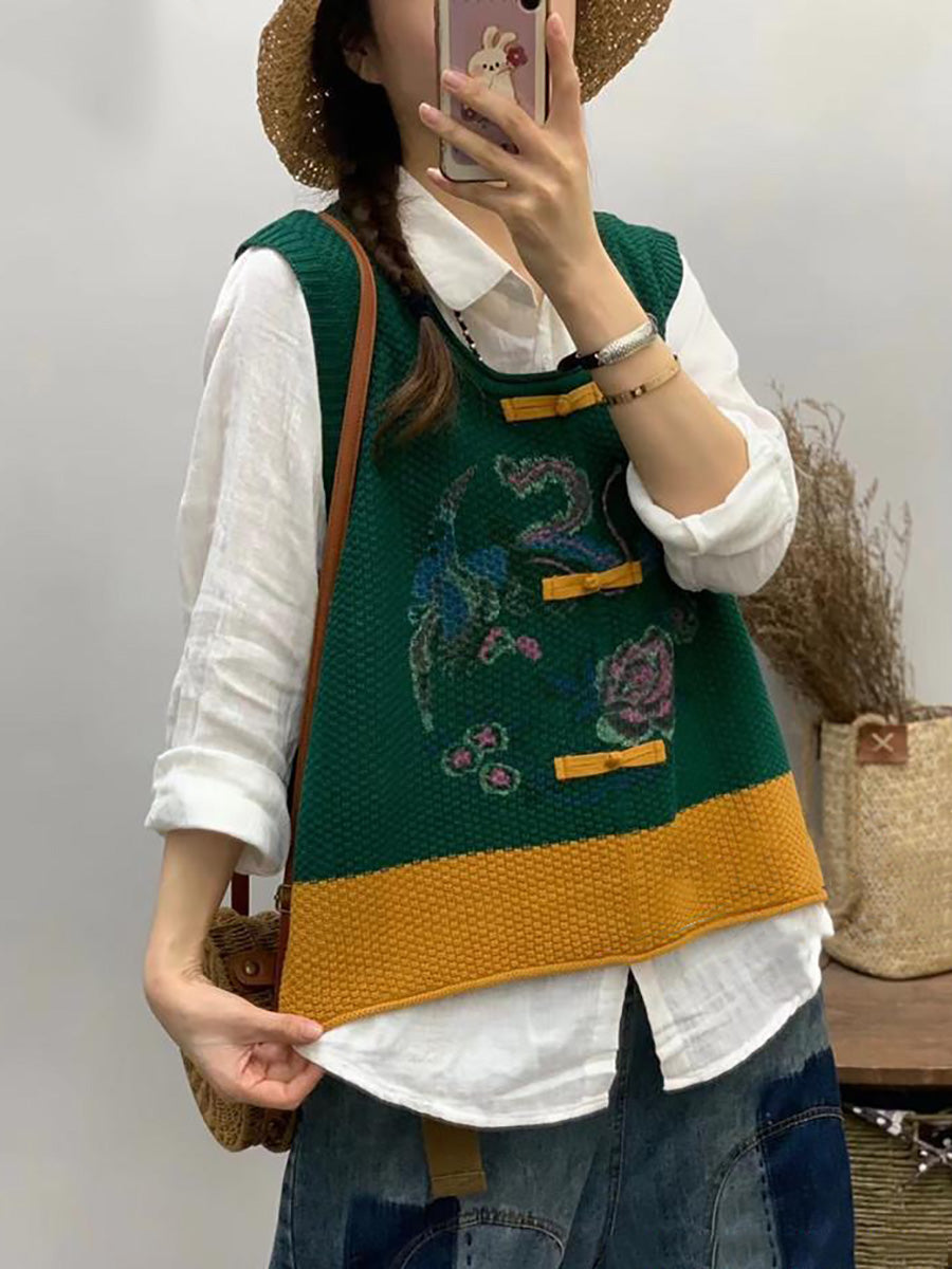 女士復古花朵印花拼色背心