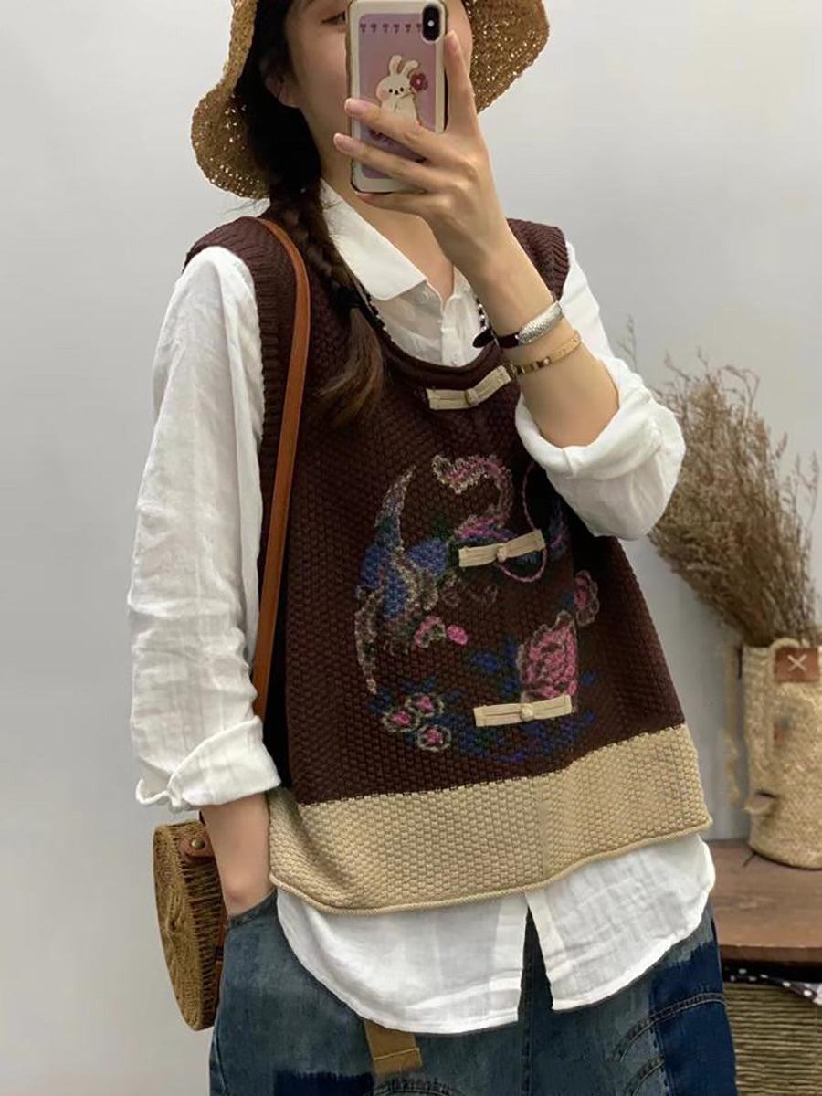 女士復古花朵印花拼色背心