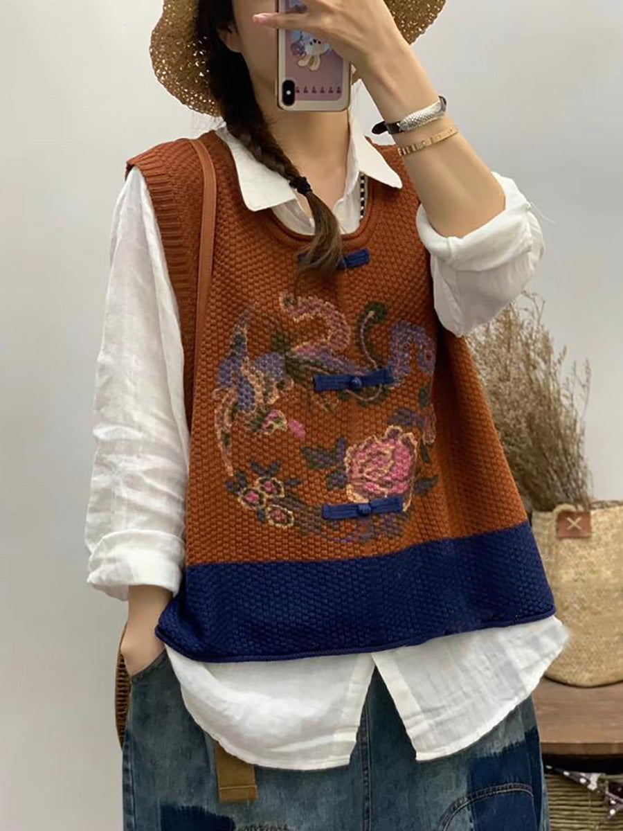 女士復古花朵印花拼色背心