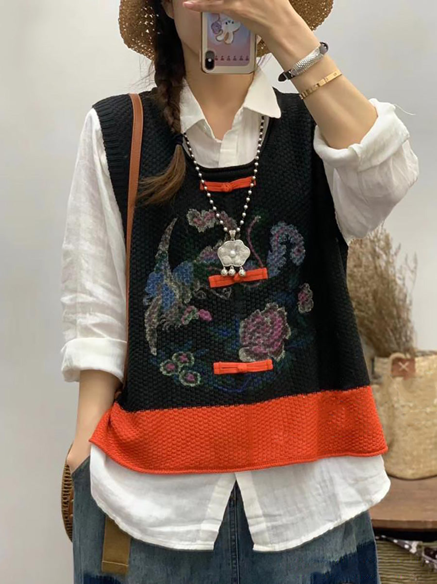 女士復古花朵印花拼色背心