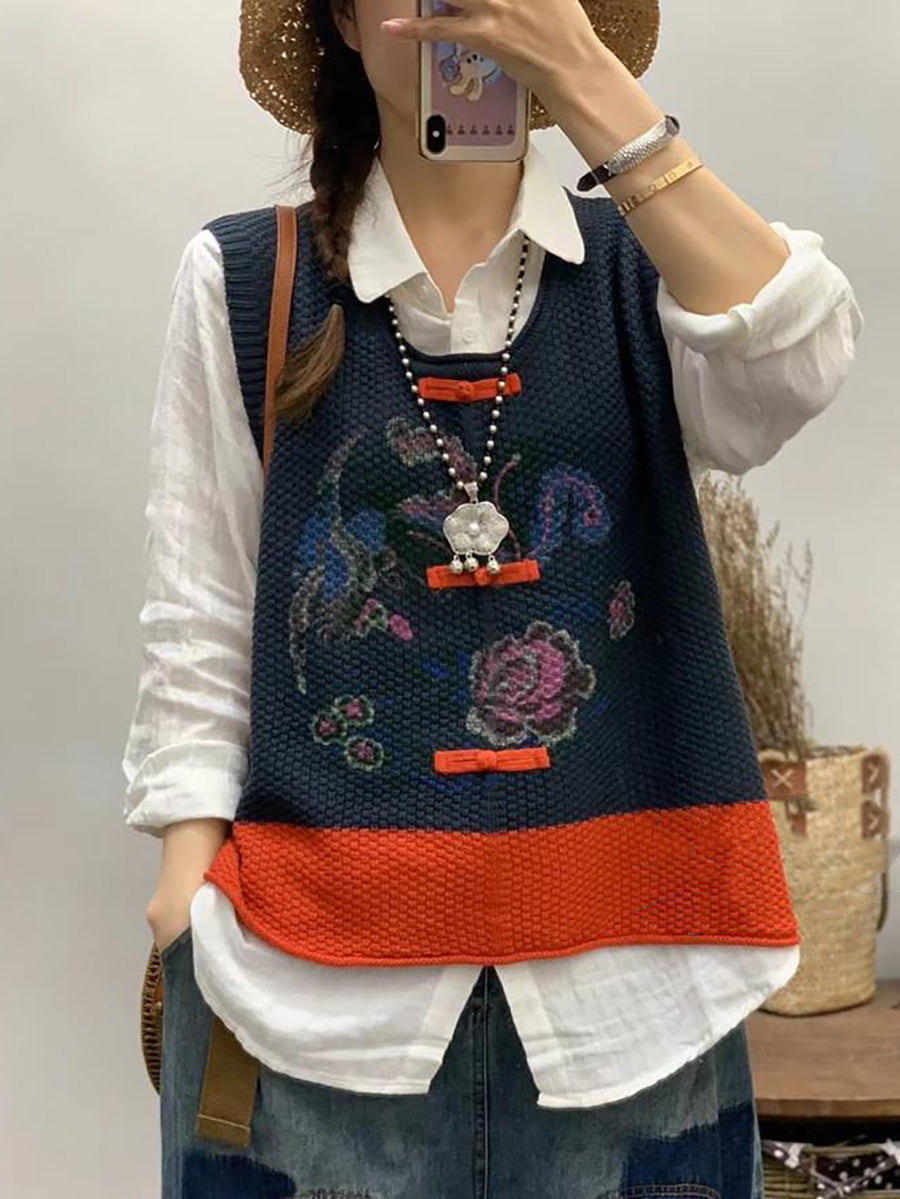 女士復古花朵印花拼色背心