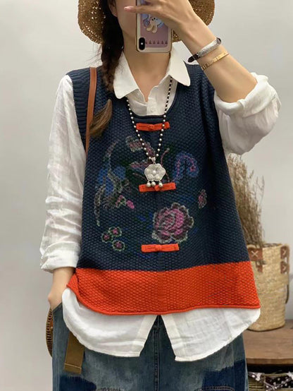 女士復古花朵印花拼色背心
