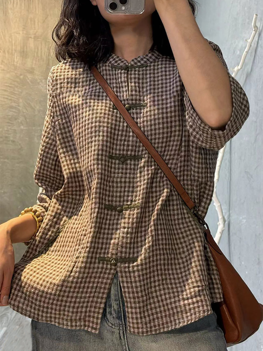 大尺碼女款復古格紋夏季棉質羈絆襯衫