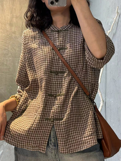 大尺碼女款復古格紋夏季棉質羈絆襯衫