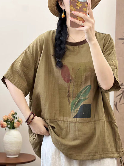 女款夏季棉質夏季羽毛印花襯衫