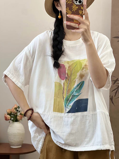 女款夏季棉質夏季羽毛印花襯衫