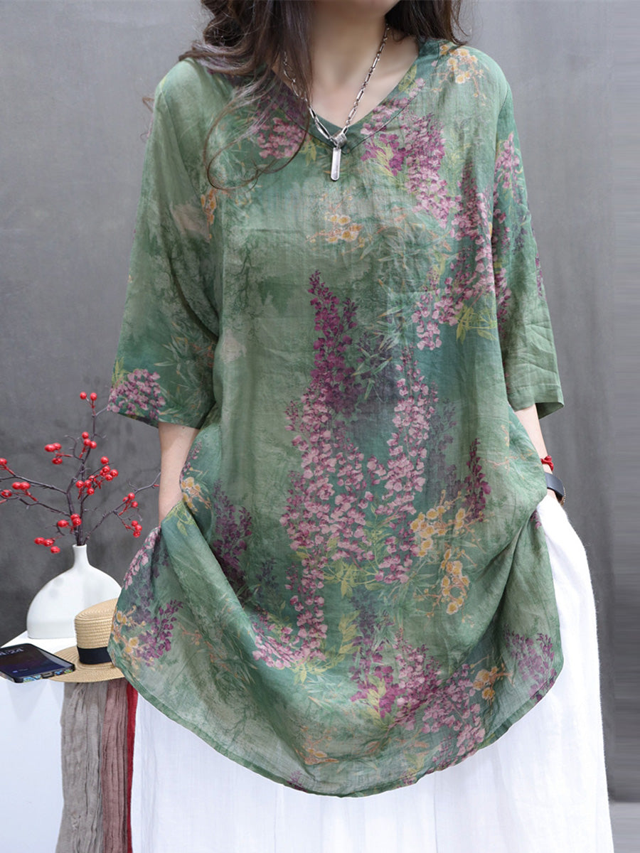 大尺碼女款夏季復古花朵 V 領苧麻長襯衫