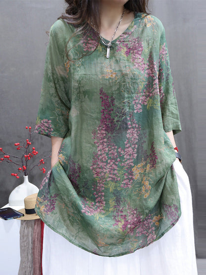 大尺碼女款夏季復古花朵 V 領苧麻長襯衫