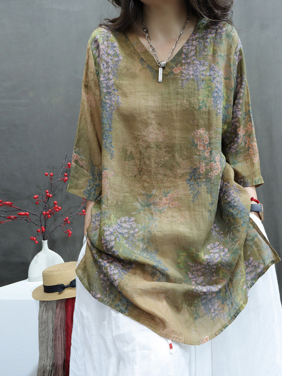 大尺碼女款夏季復古花朵 V 領苧麻長襯衫