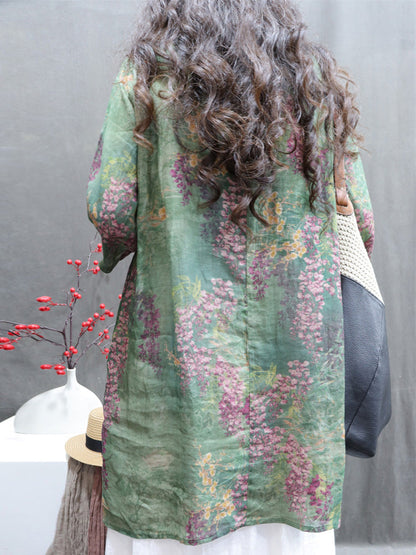 大尺碼女款夏季復古花朵 V 領苧麻長襯衫