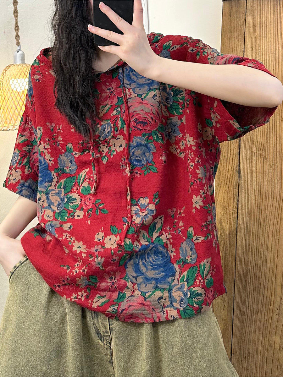 大尺碼女款夏季復古印花棉質連帽襯衫