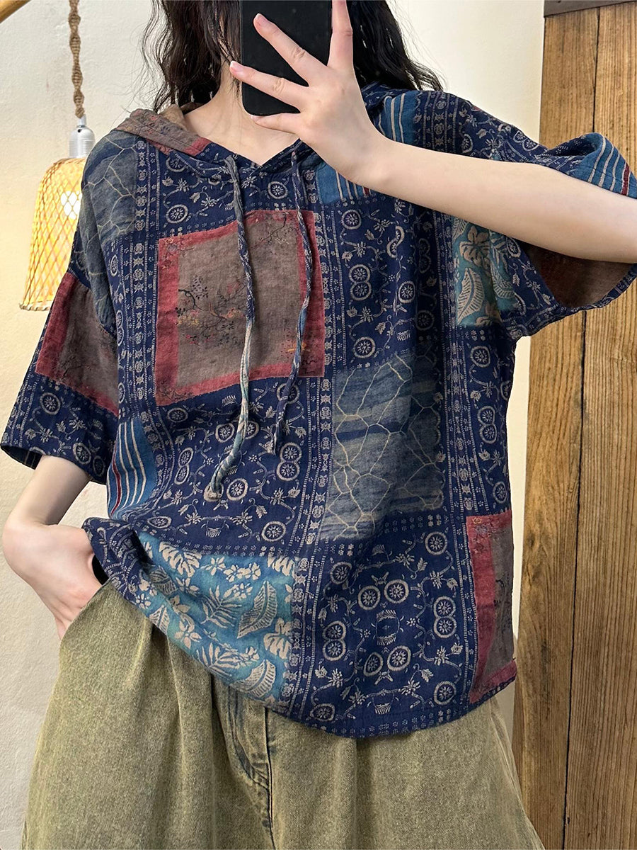 大尺碼女款夏季復古印花棉質連帽襯衫