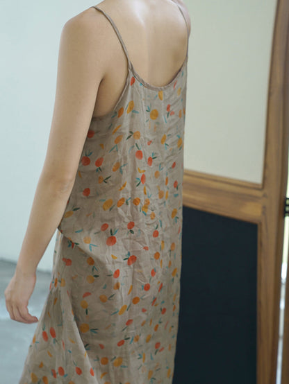 女款夏季復古碎花薄款亞麻背心連身裙
