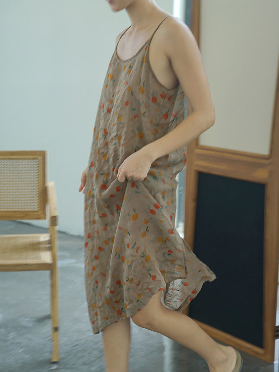 女款夏季復古碎花薄款亞麻背心連身裙