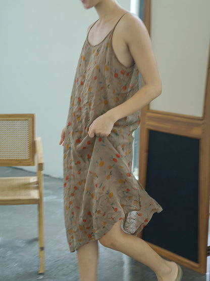 女款夏季復古碎花薄款亞麻背心連身裙