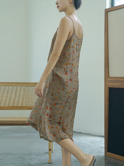 女款夏季復古碎花薄款亞麻背心連身裙