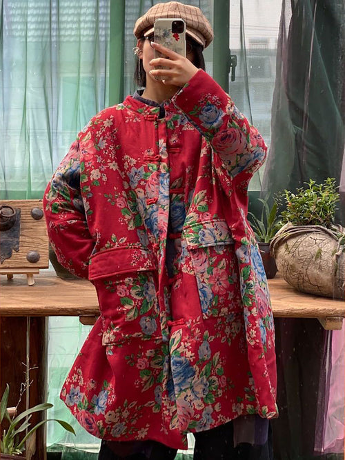 女款冬季復古花袋羈絆棉大衣