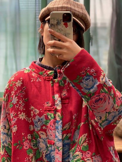 女款冬季復古花袋羈絆棉大衣