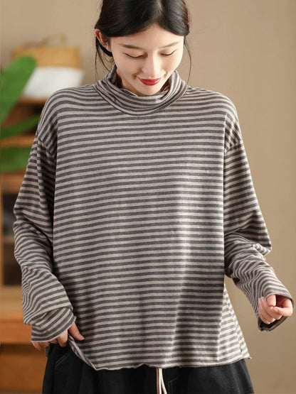 女士復古秋季條紋 O 領棉質襯衫