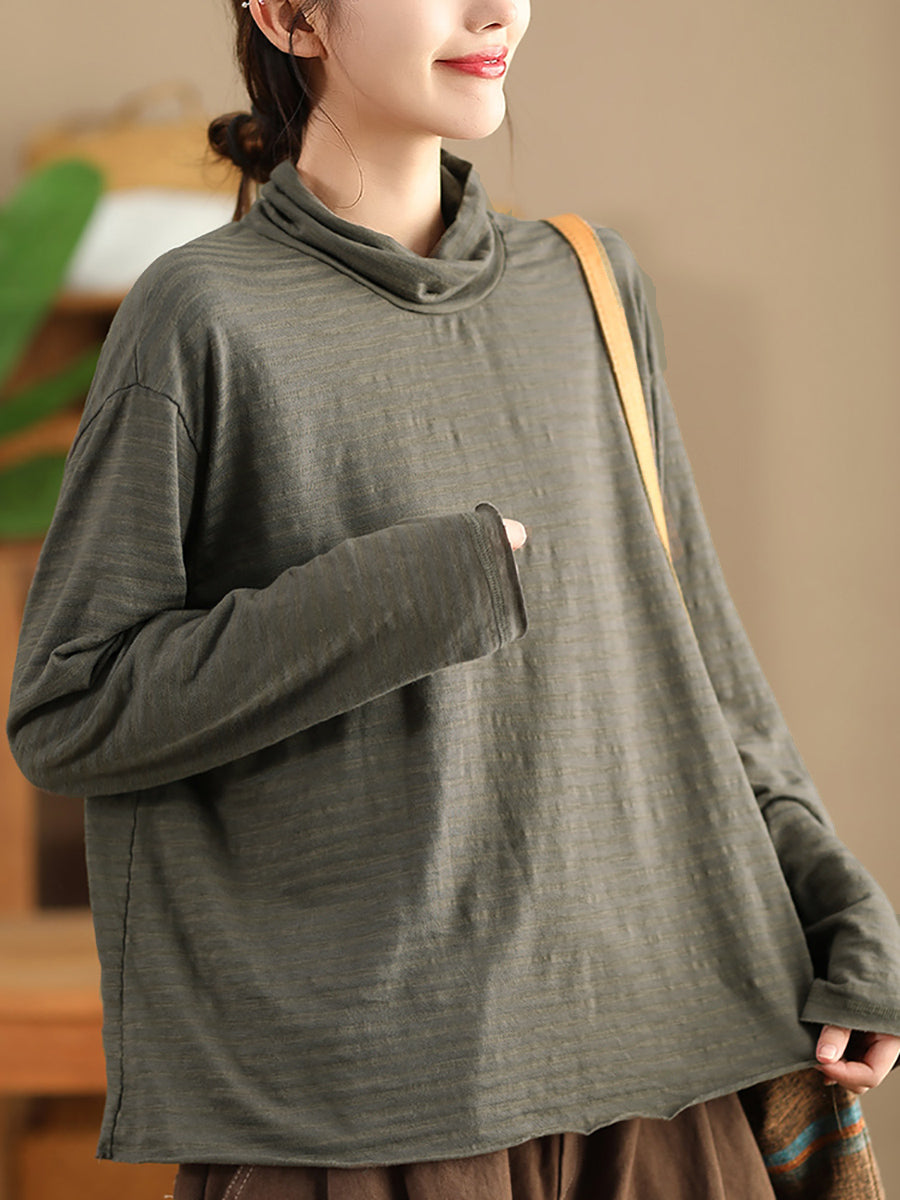 女士復古秋季條紋 O 領棉質襯衫