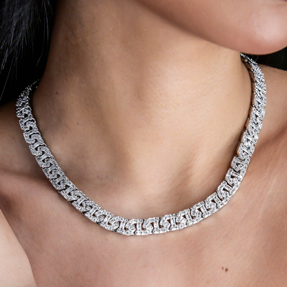 Baguette Chain Link Necklace + Bracelet in White Gold- 8mm