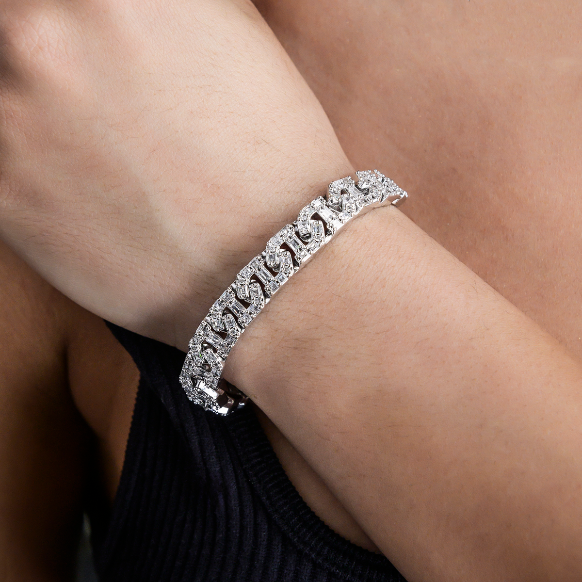 Baguette Chain Link Necklace + Bracelet in White Gold- 8mm