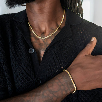 Adjustable Rope Chain + Bracelet Set in Yellow Gold - 4mm