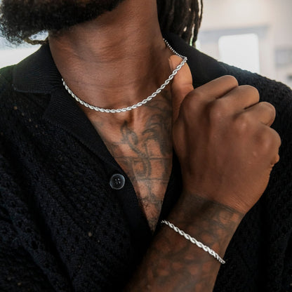 Adjustable Rope Chain + Bracelet Set in White Gold - 4mm