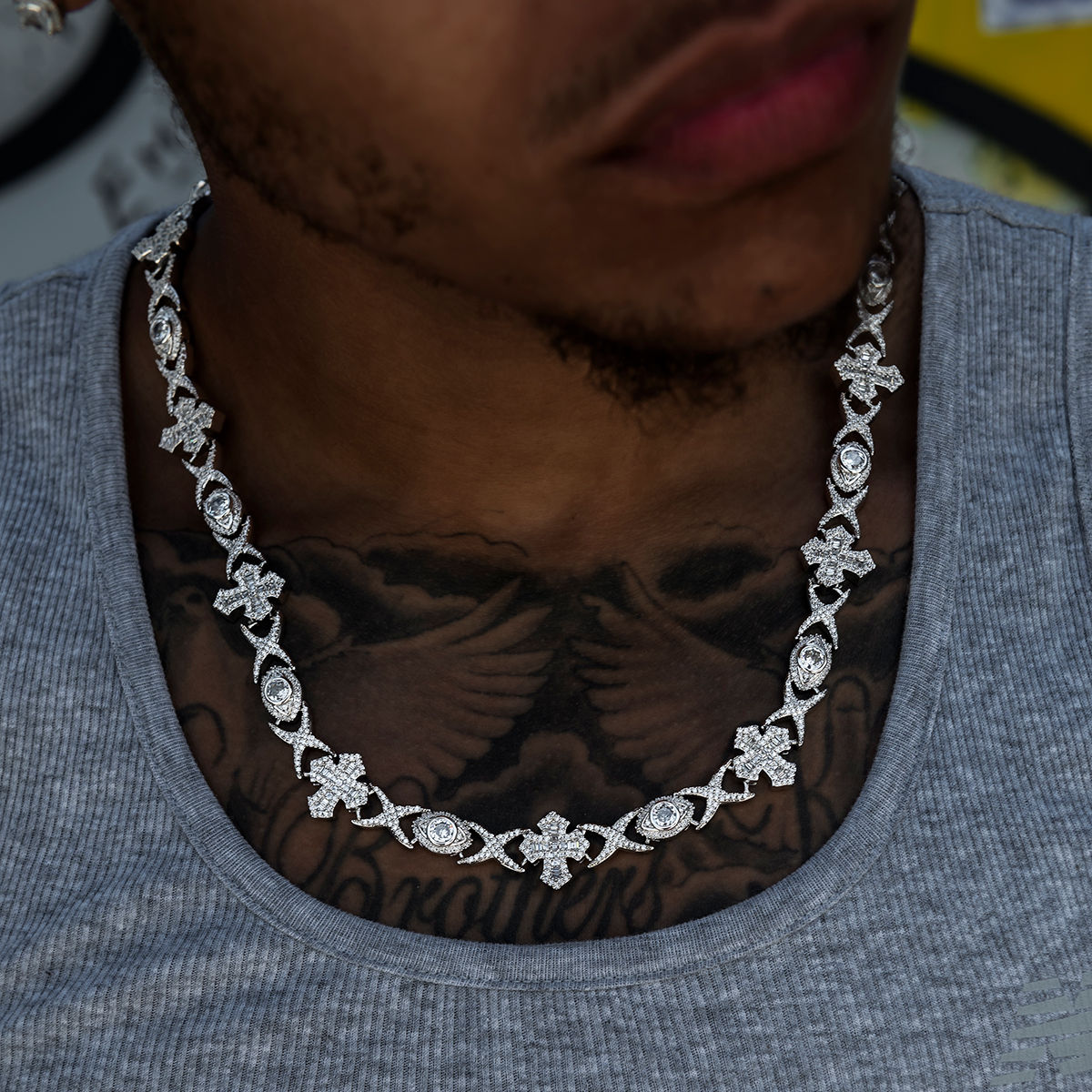 Baguette Cross Evil Eye Chain + Bracelet in White Gold
