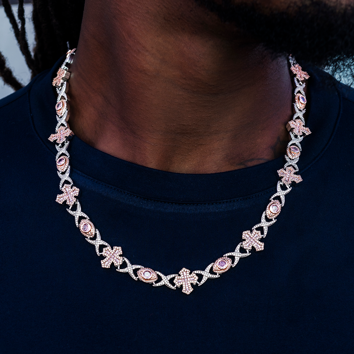Baguette Cross Evil Eye Chain in Rose Gold - 16mm