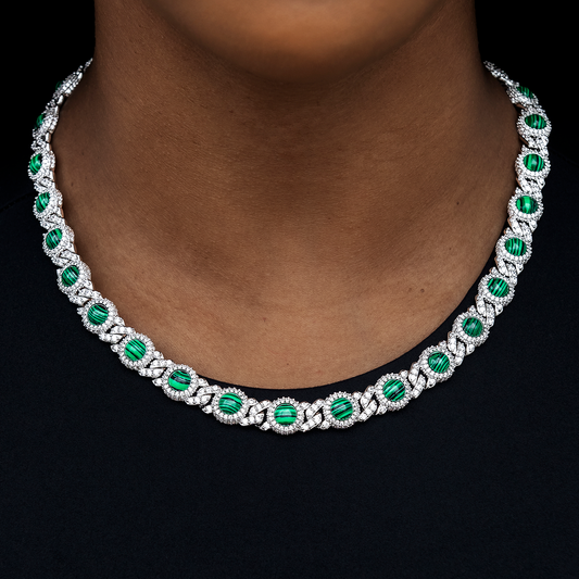 10mm Iced Halo Cuban Necklace with Malachite in White Gold