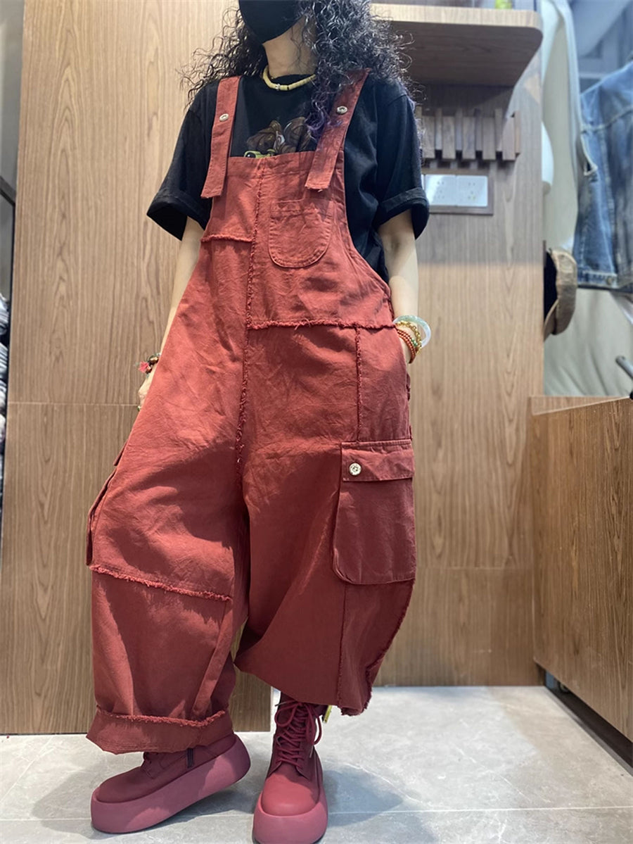 女款春季藝術棉質毛邊寬鬆連身褲