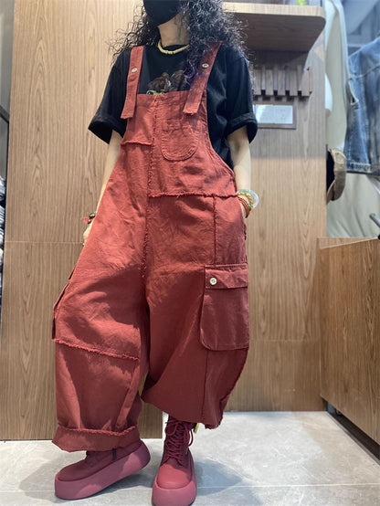 女款春季藝術棉質毛邊寬鬆連身褲
