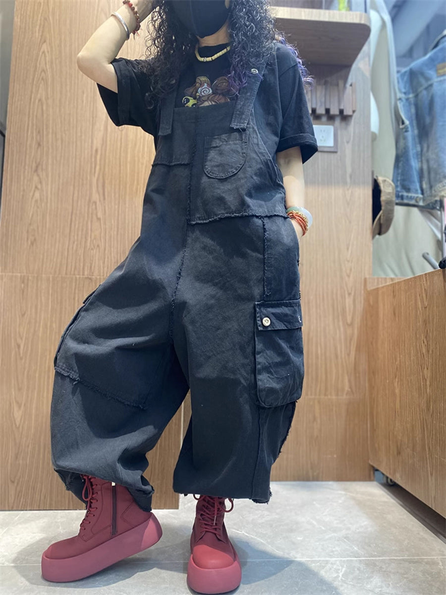 女款春季藝術棉質毛邊寬鬆連身褲