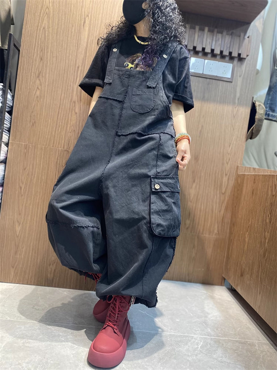 女款春季藝術棉質毛邊寬鬆連身褲