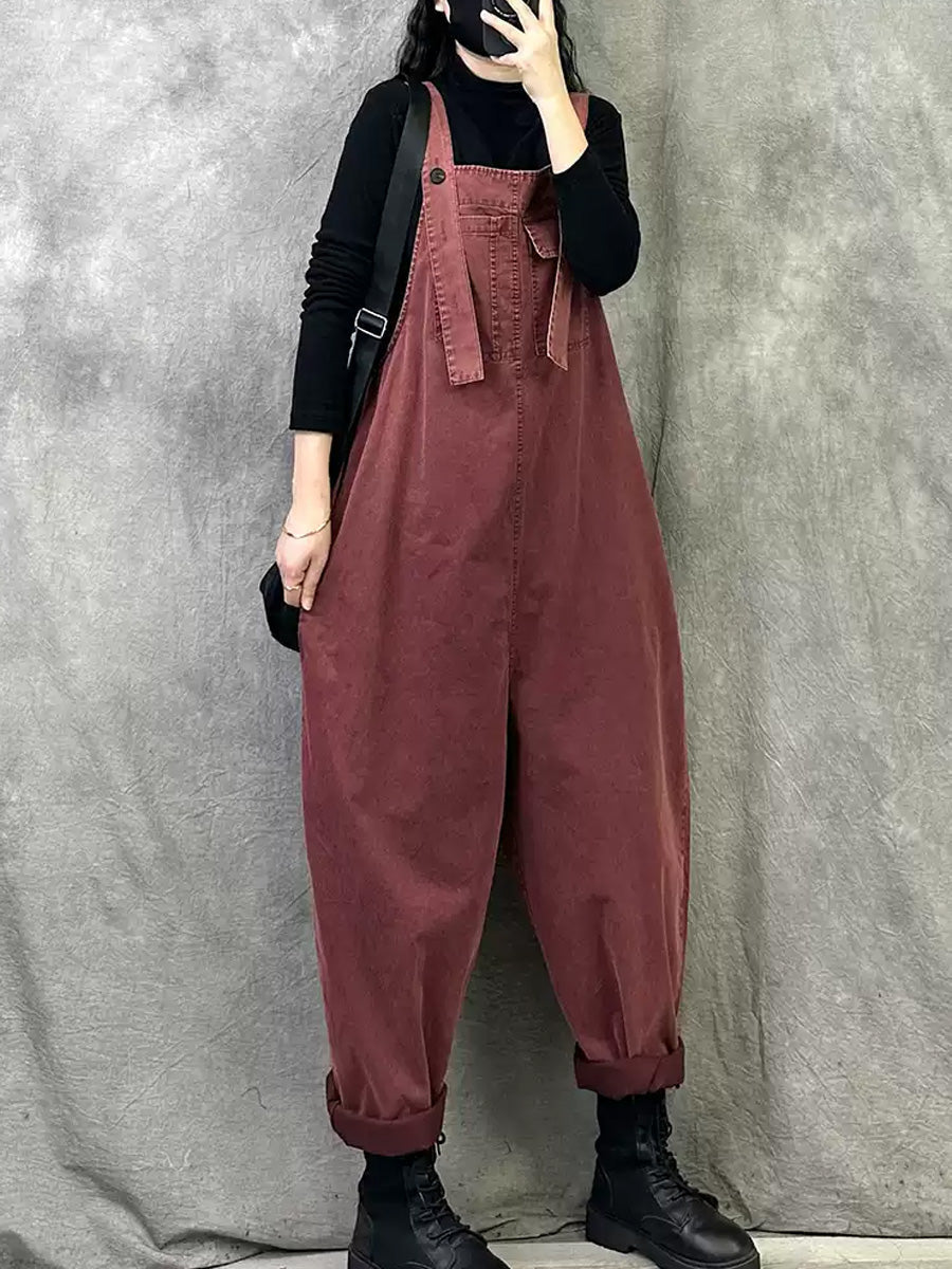 女士春季休閒純色寬鬆連身褲