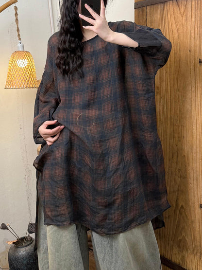 女士春季藝術圓領花朵苧麻襯衫