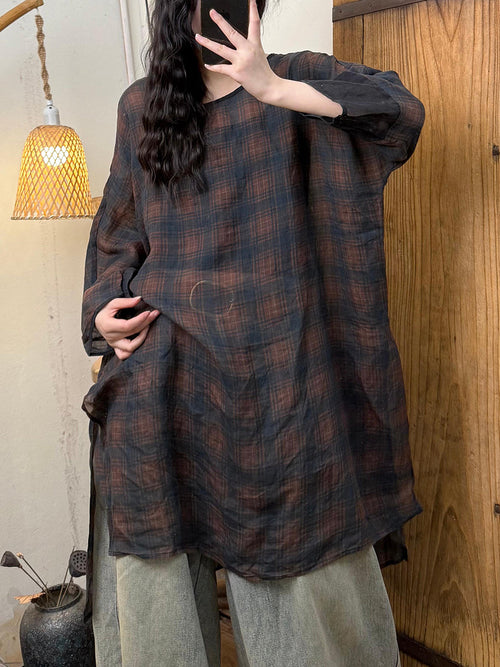 女士春季藝術圓領花朵苧麻襯衫