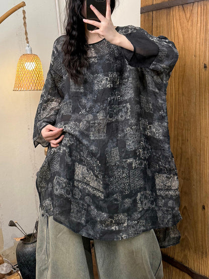 女士春季藝術圓領花朵苧麻襯衫
